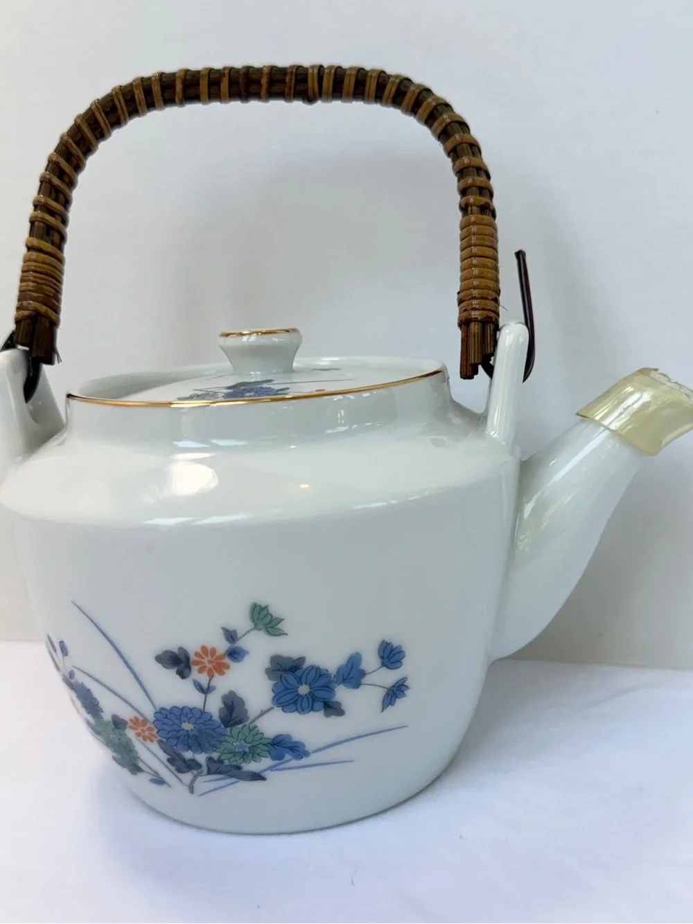 Otagiri OMC Japanese Teapot  Vintage Blue Flowers Rattan Handle Cottage-core MCM